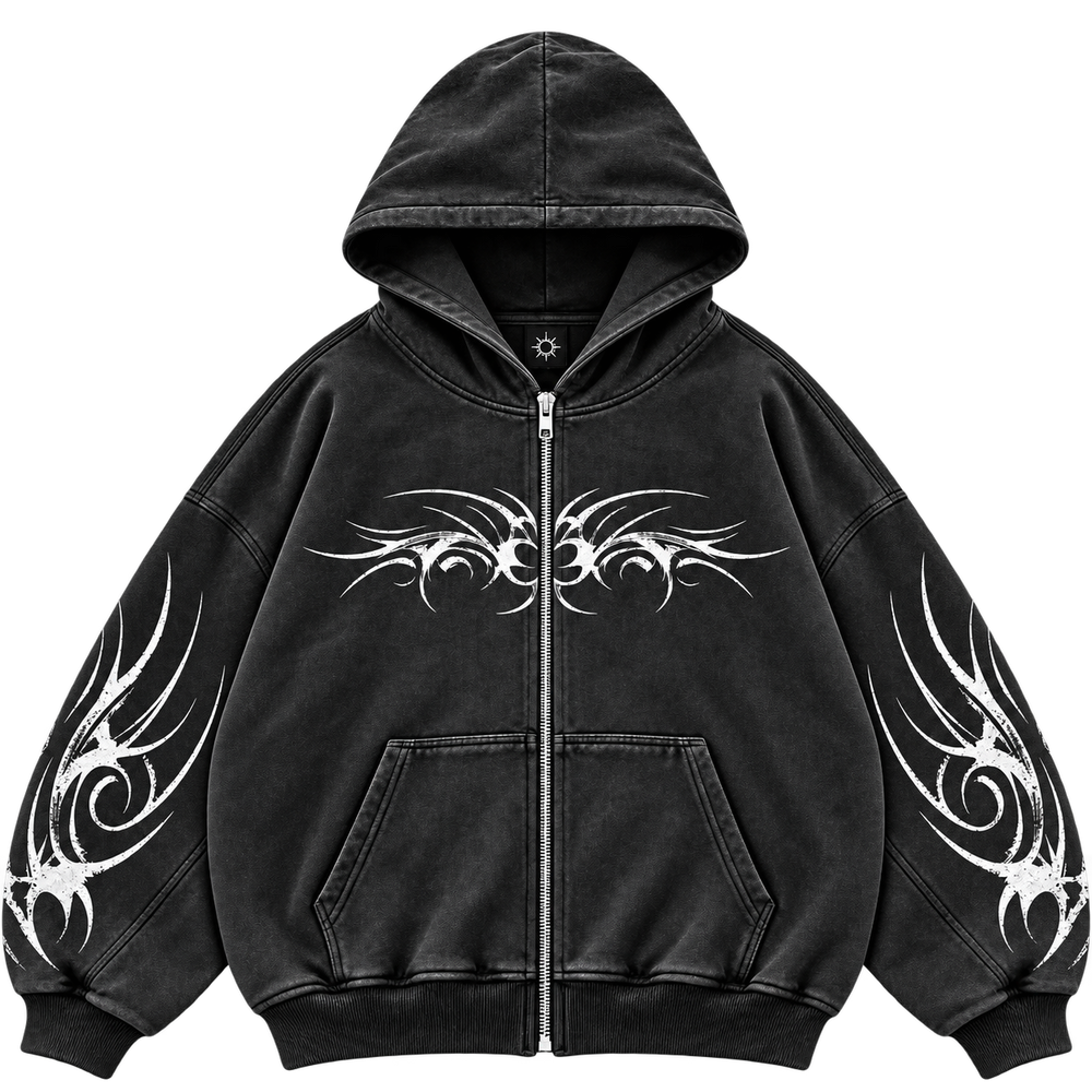 Metal Washed Zip Hoodie - Black - Front
