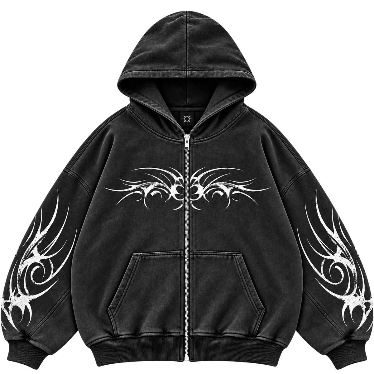 Metal Washed Zip Hoodie - Black - Front