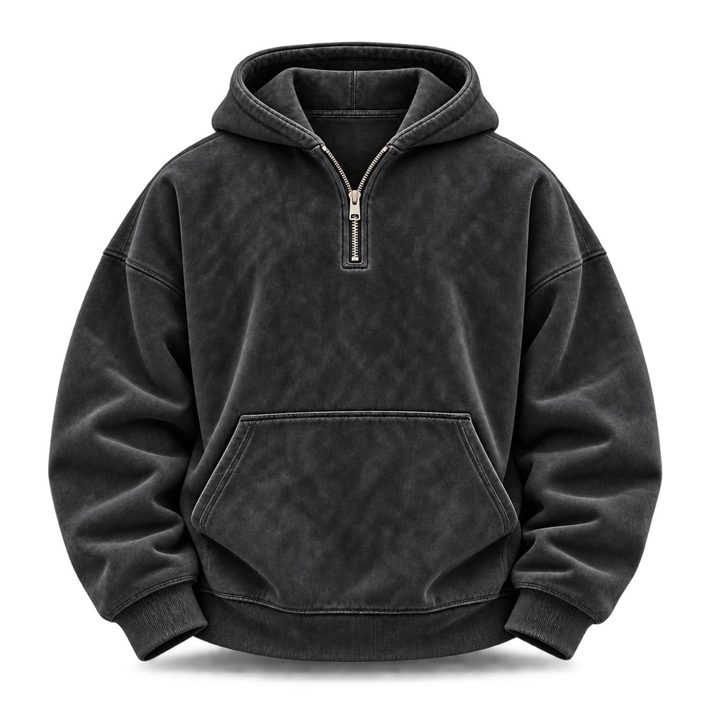 Black Washed Half-Zip Oversized Hoodie front view