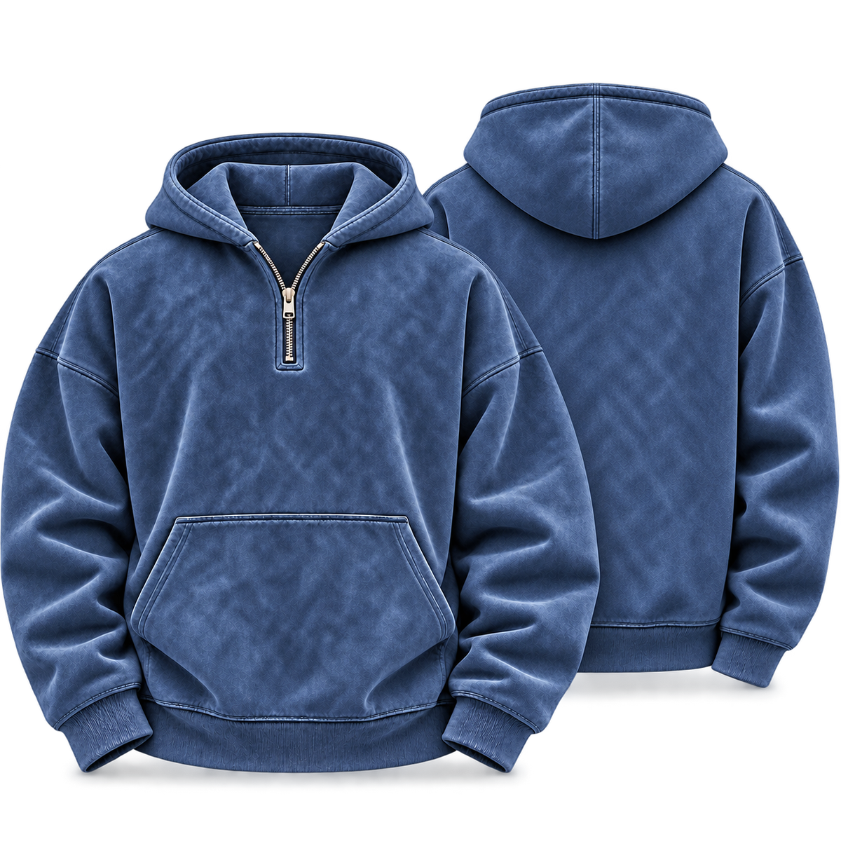 Dark Blue Washed Half-Zip Oversized Hoodie front and back views