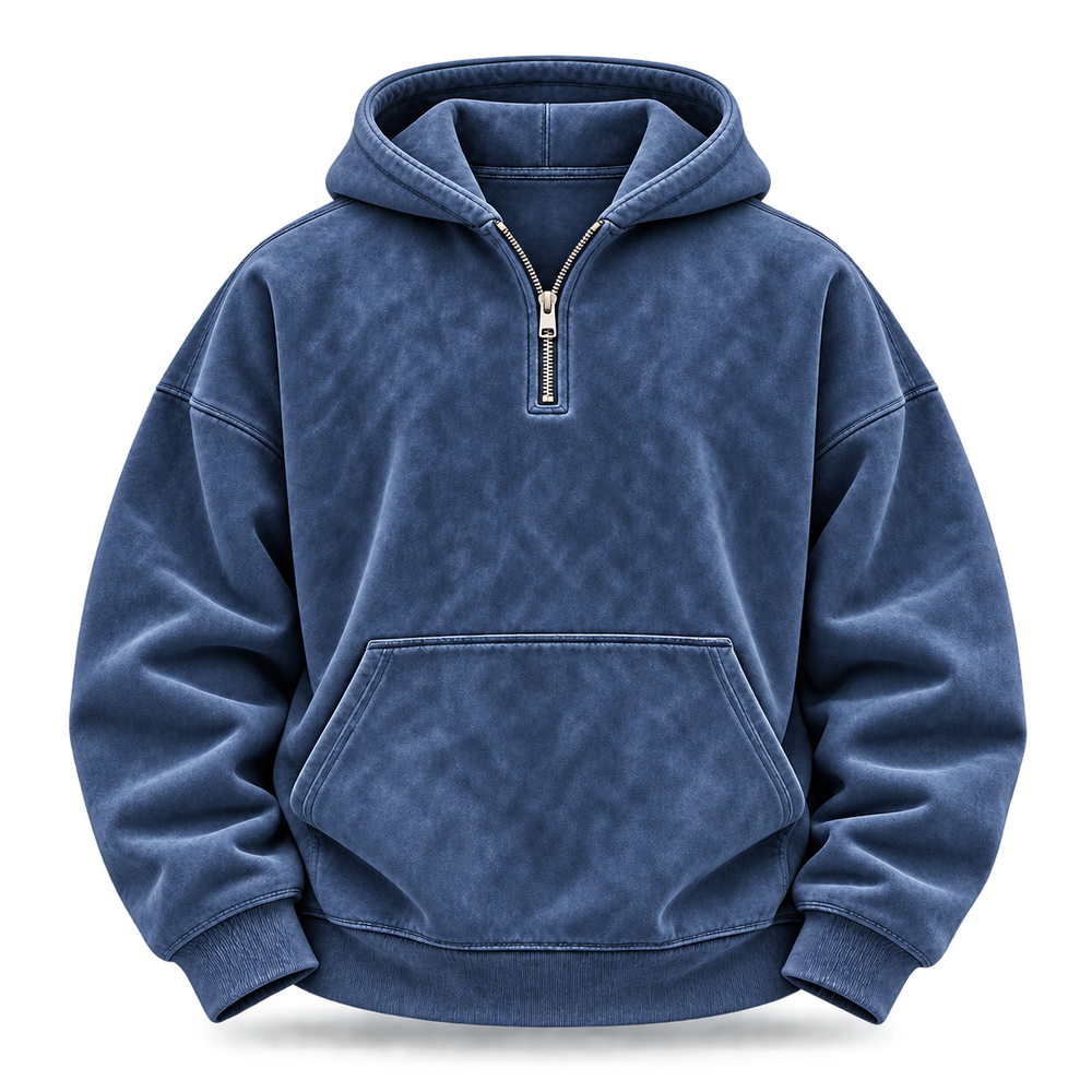 Dark Blue Washed Half-Zip Oversized Hoodie front view