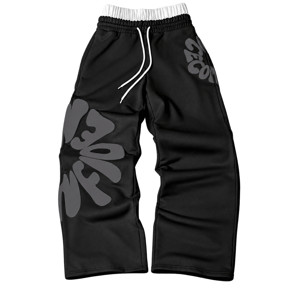 Black Bold Letter Graphic Straight-Leg Pants with tonal graphics, transparent background