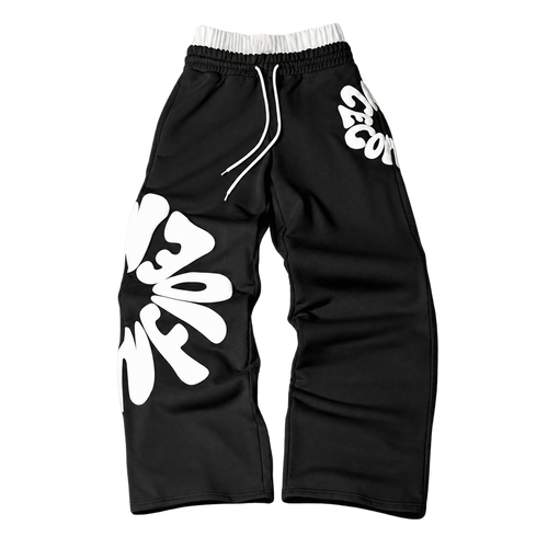 Black Bold Letter Graphic Straight-Leg Pants with white graphics, transparent background