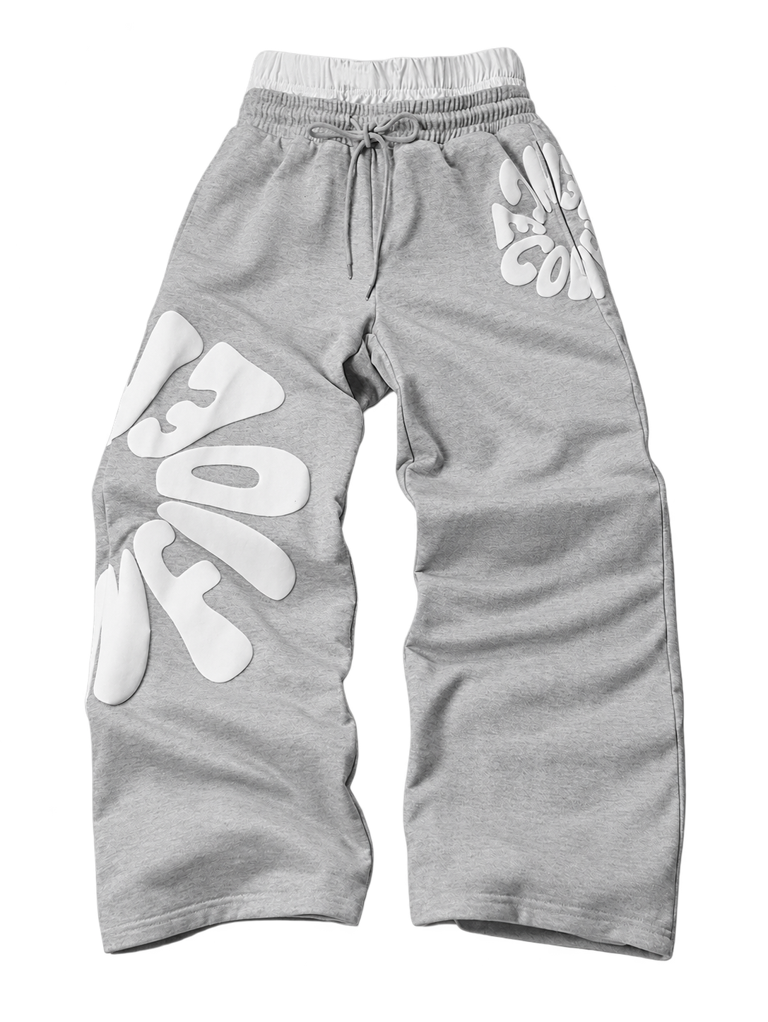 Heather Gray Bold Letter Graphic Straight-Leg Pants with white graphics, transparent background