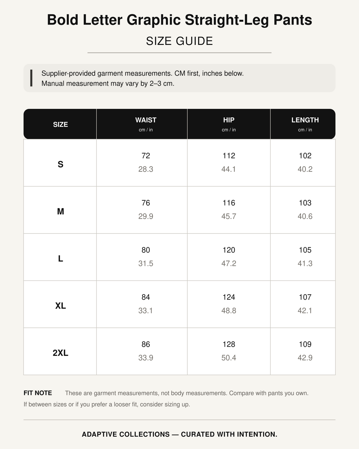 Bold Letter Graphic Straight-Leg Pants size guide with garment measurements in centimeters and inches
