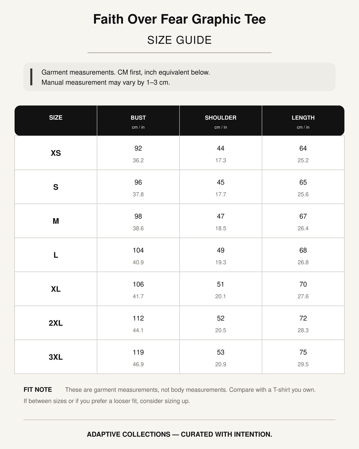 Shared — Faith Over Fear Graphic Tee size guide