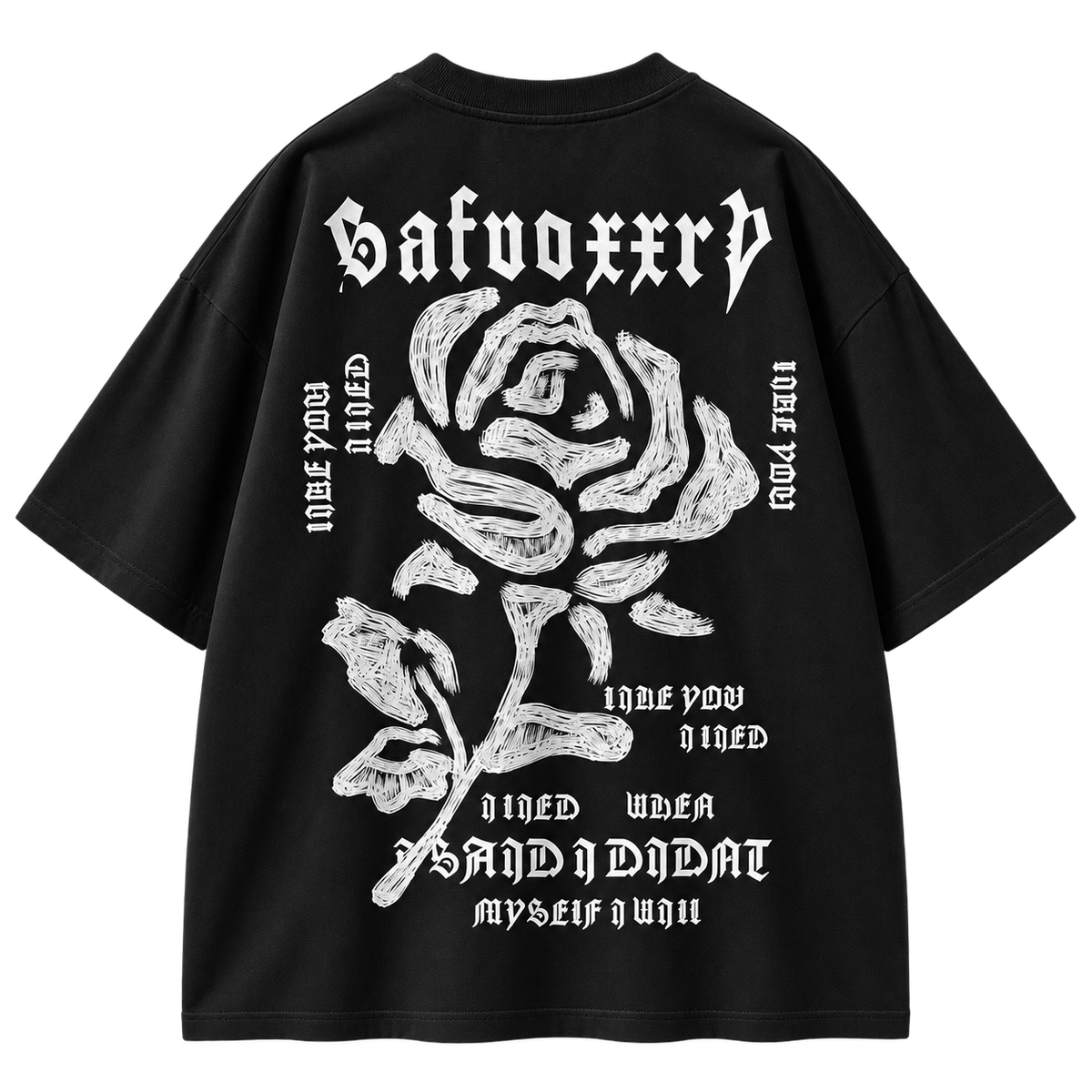 Gothic Rose Oversized Graphic Tee Black colorway, full back view with large white gothic rose artwork