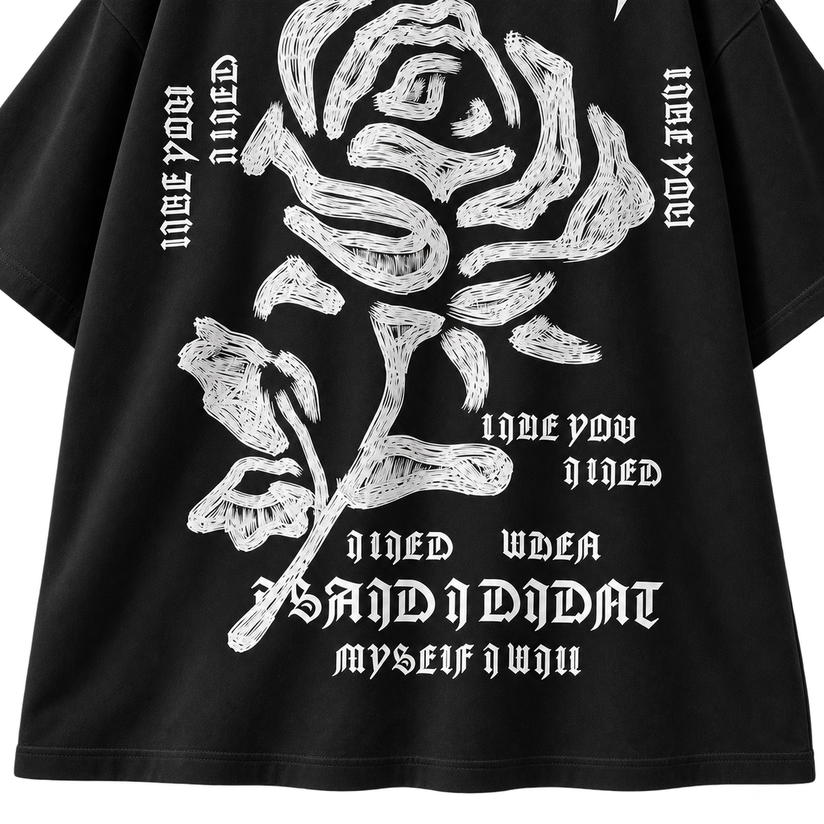 Gothic Rose Oversized Graphic Tee Black colorway, close-up of large white gothic rose back graphic and lettering
