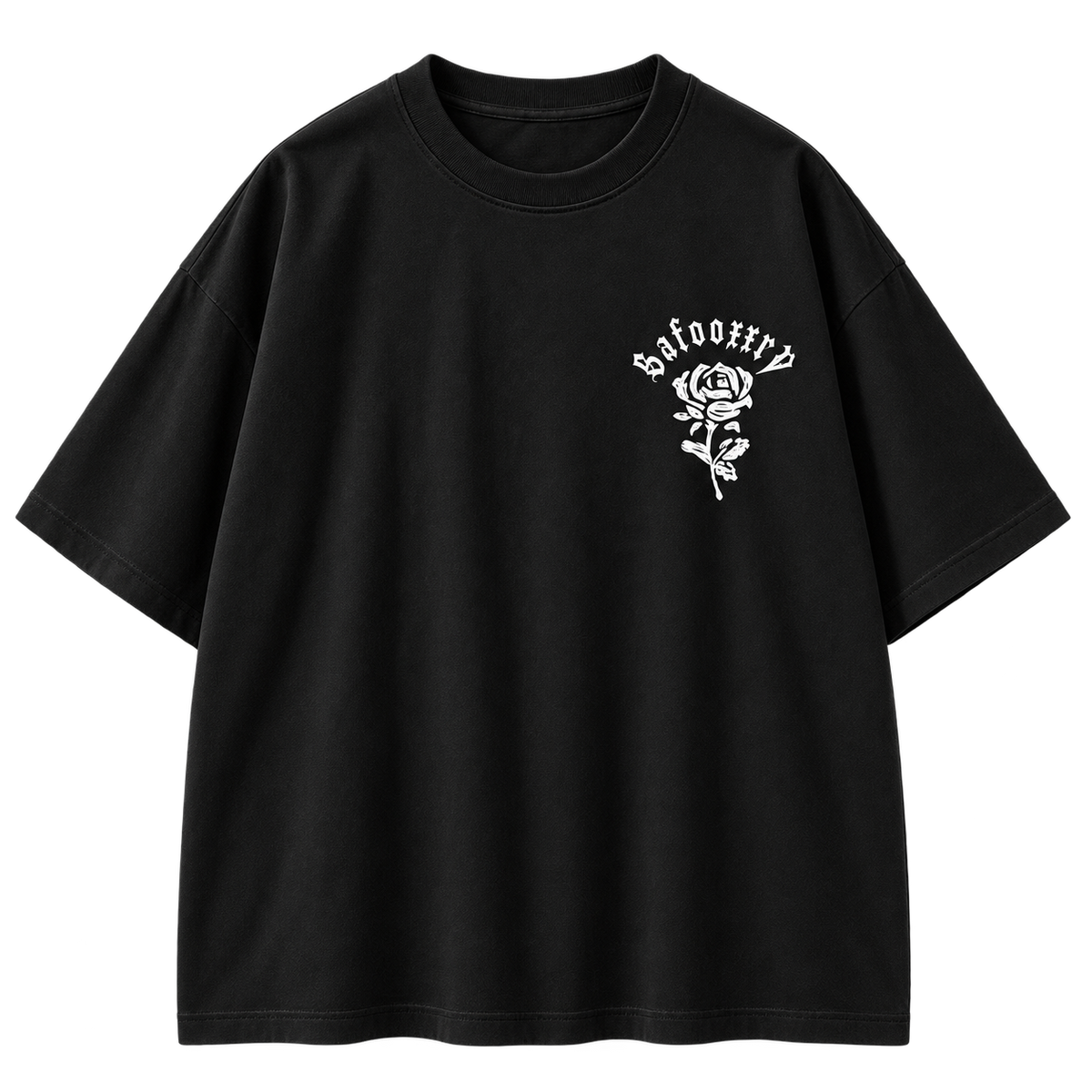 Gothic Rose Oversized Graphic Tee Black colorway, full front view with small white rose chest print