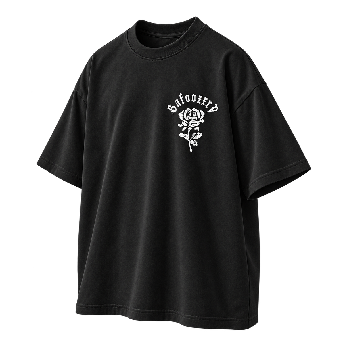 Gothic Rose Oversized Graphic Tee Black colorway, three-quarter front view with white rose chest print