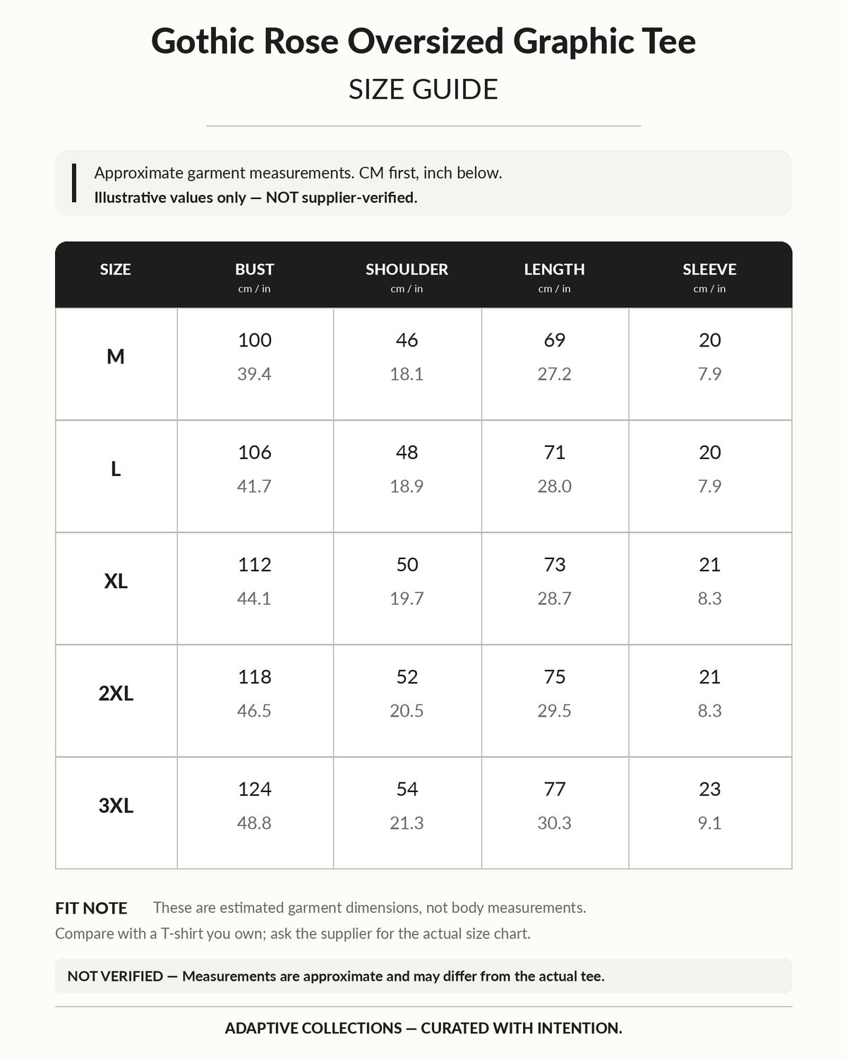 Gothic Rose Oversized Graphic Tee approximate size chart M–3XL. NOT VERIFIED: illustrative measurements adapted from another tee; confirm with supplier before ordering.