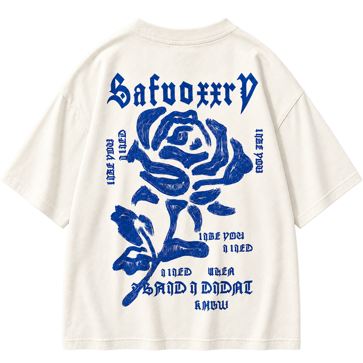 Gothic Rose Oversized Graphic Tee white colorway, full back view with blue gothic rose graphic
