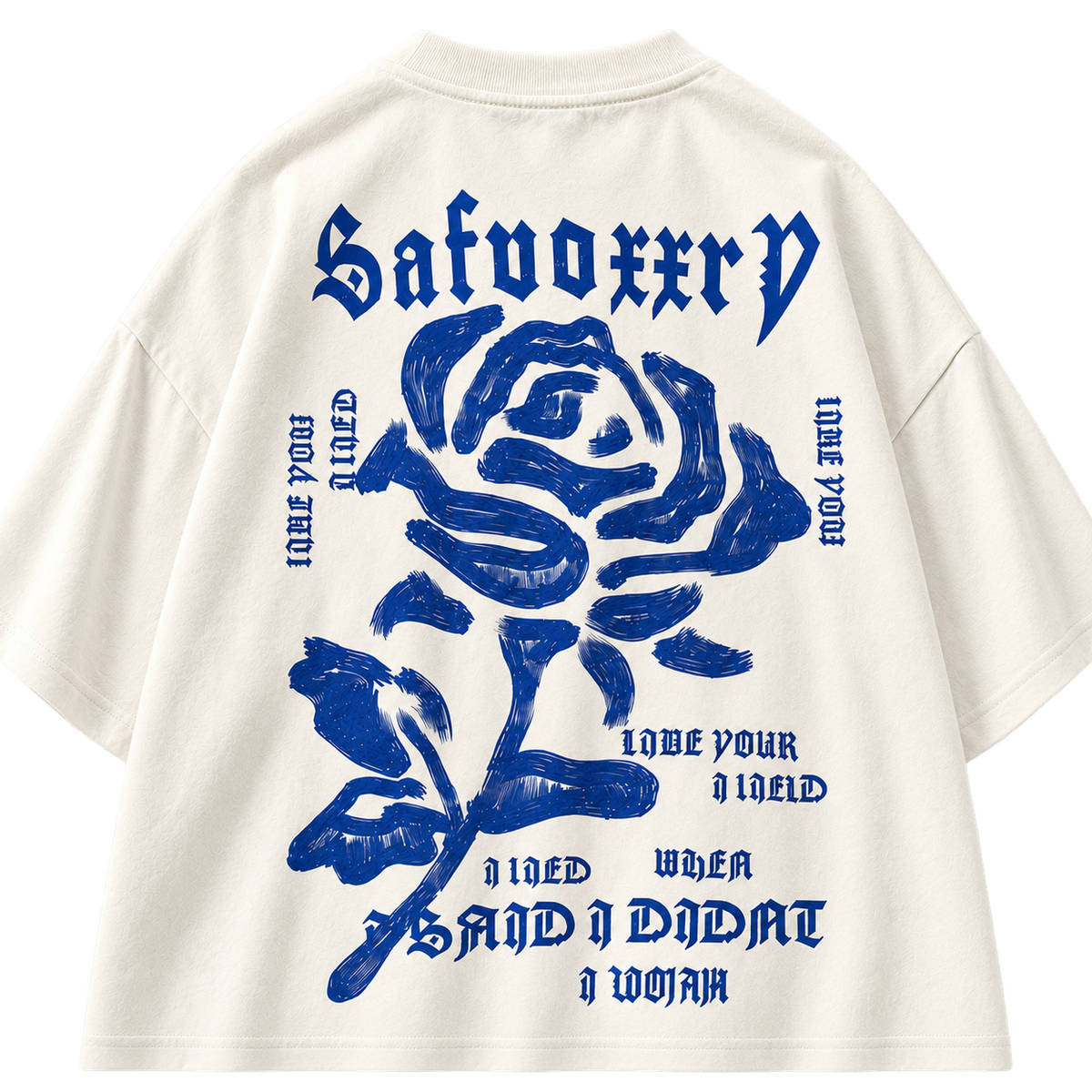Gothic Rose Oversized Graphic Tee white colorway, close-up of blue gothic rose and lettering across back