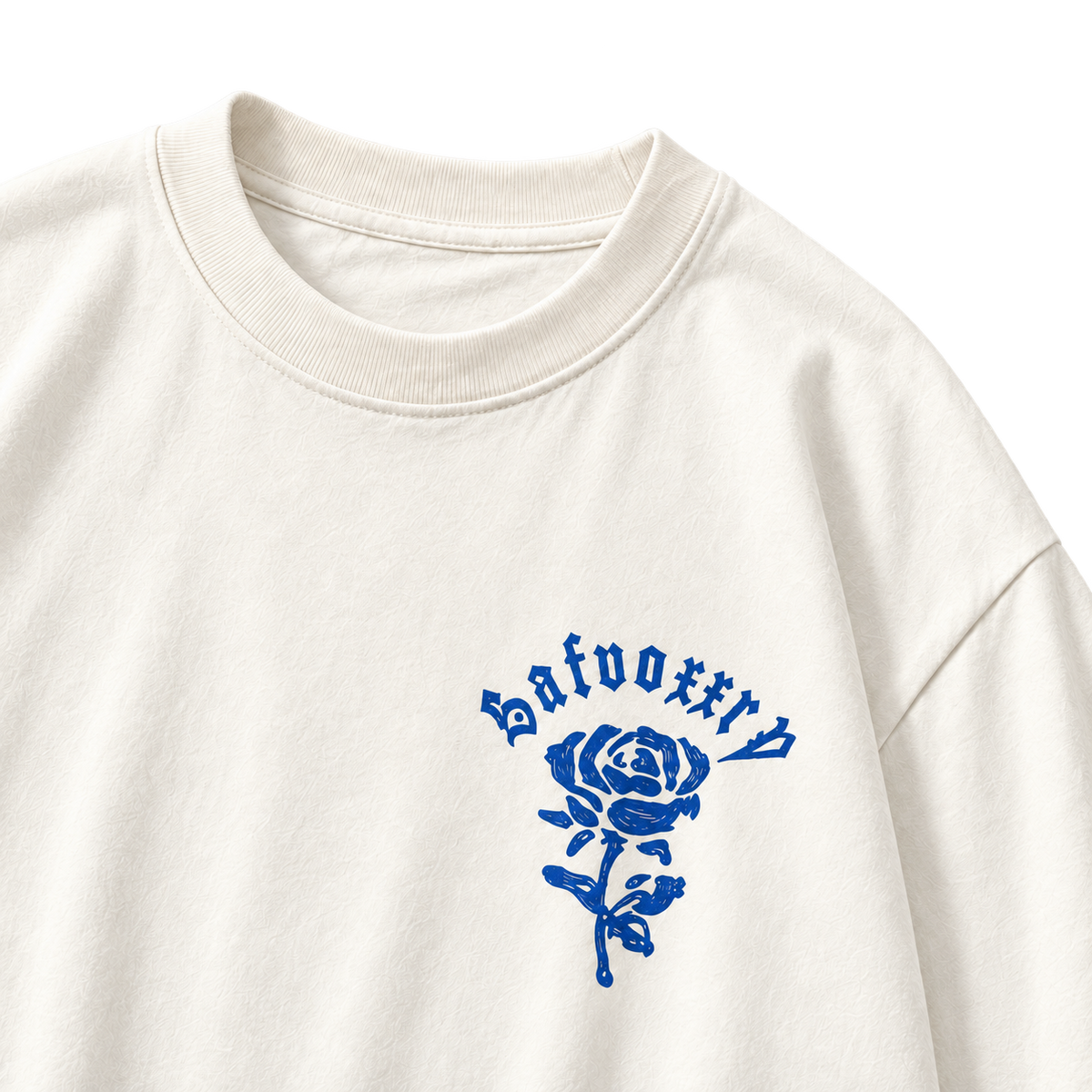 Gothic Rose Oversized Graphic Tee white colorway, close-up of collar and blue rose chest graphic