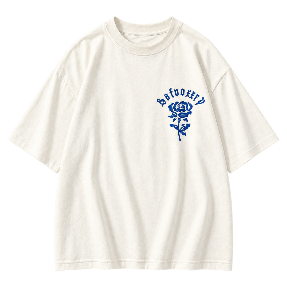 Gothic Rose Oversized Graphic Tee white colorway, full front view with small blue rose chest print