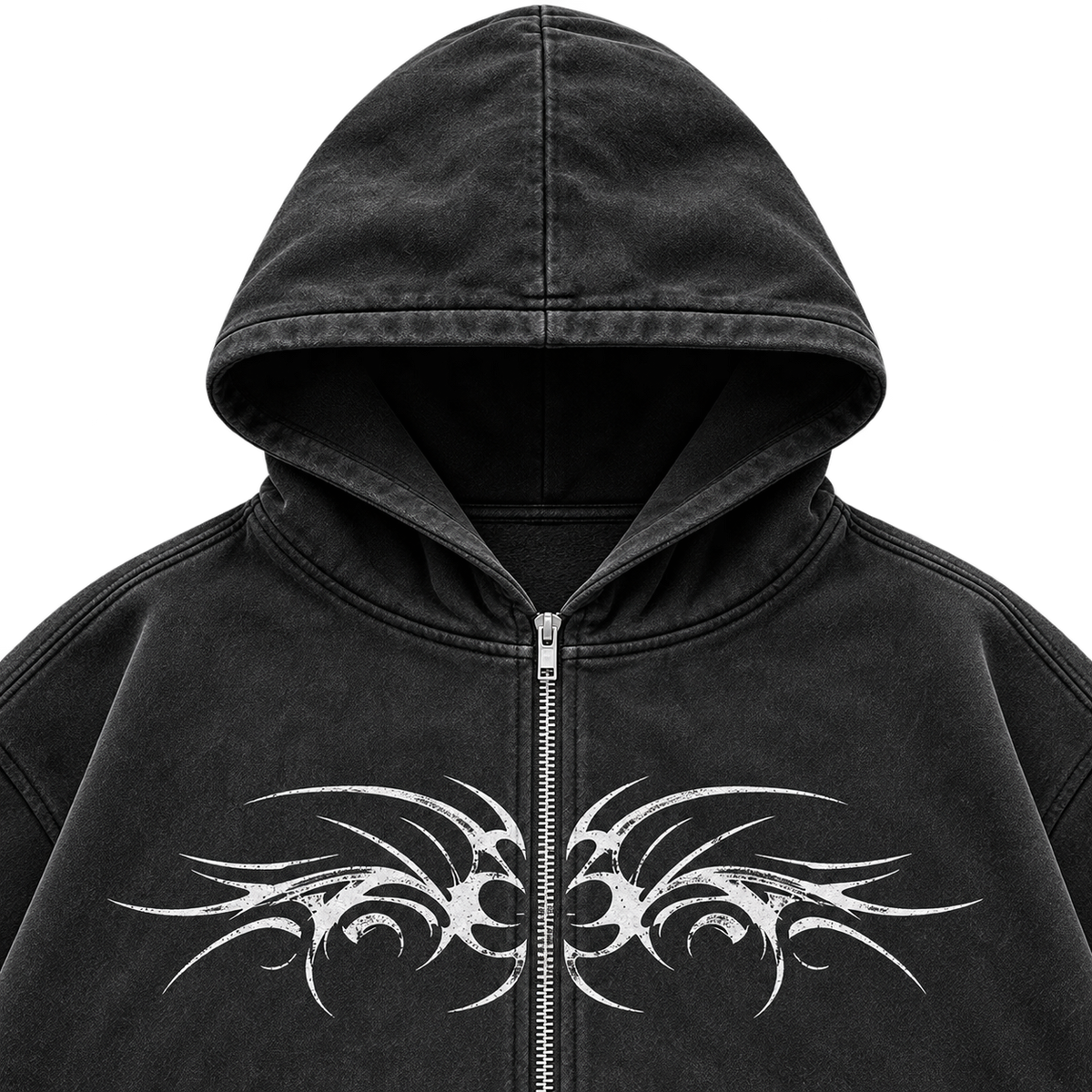 Metal Washed Zip Hoodie - Black - Hood and Chest Detail