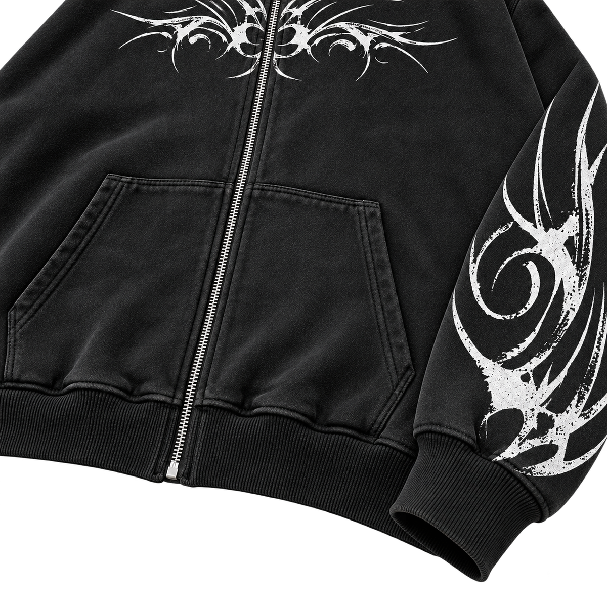 Metal Washed Zip Hoodie - Black - Lower Front Detail