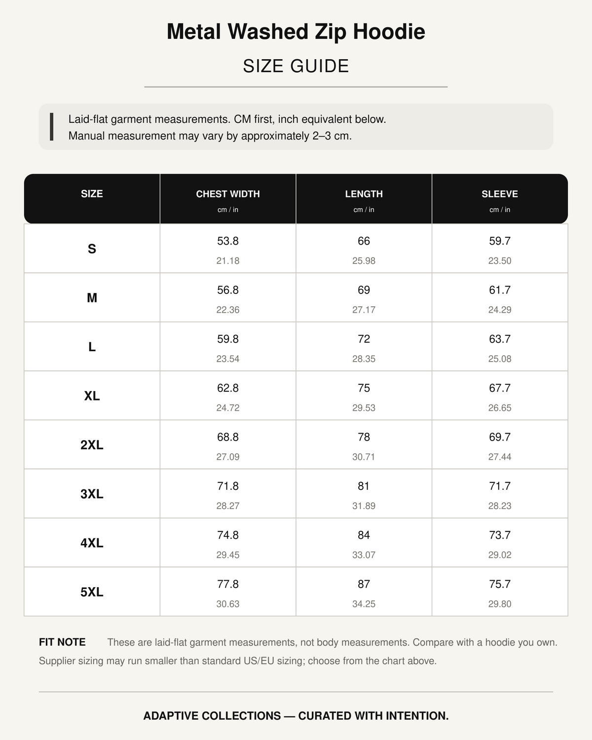 Metal Washed Zip Hoodie size guide