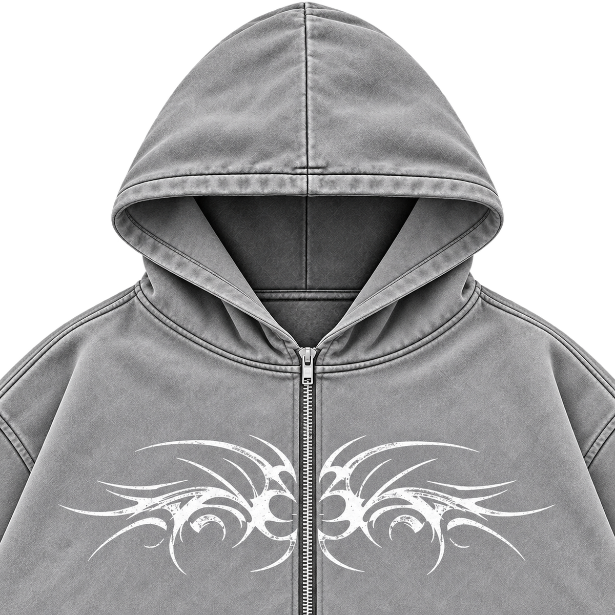 Metal Washed Zip Hoodie - Washed Gray - Hood and Chest Detail
