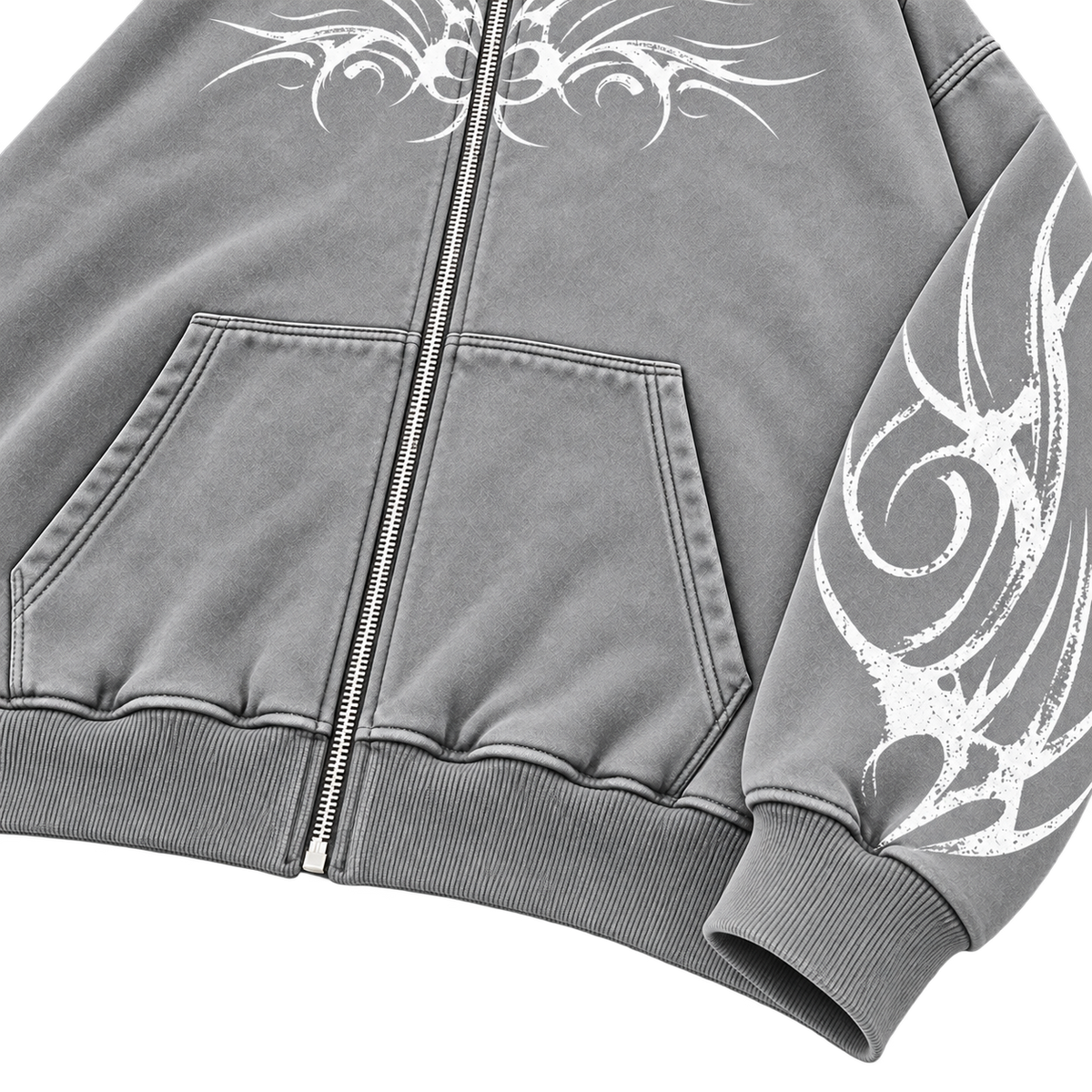 Metal Washed Zip Hoodie - Washed Gray - Lower Front Detail