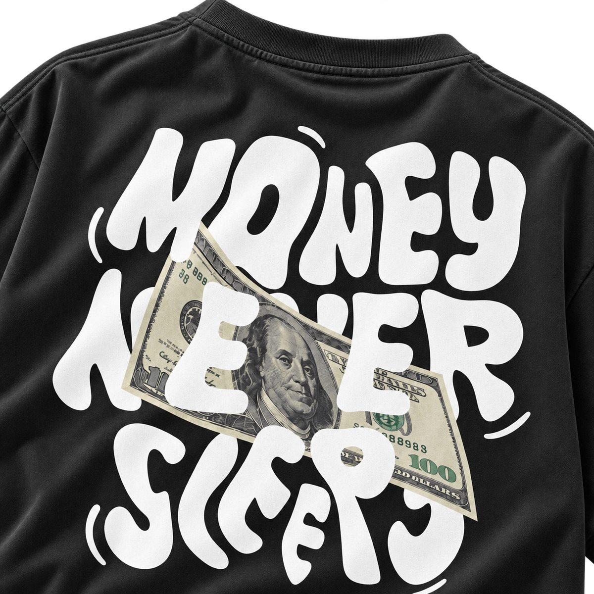 Black Money Never Sleeps Graphic Tee back graphic detail