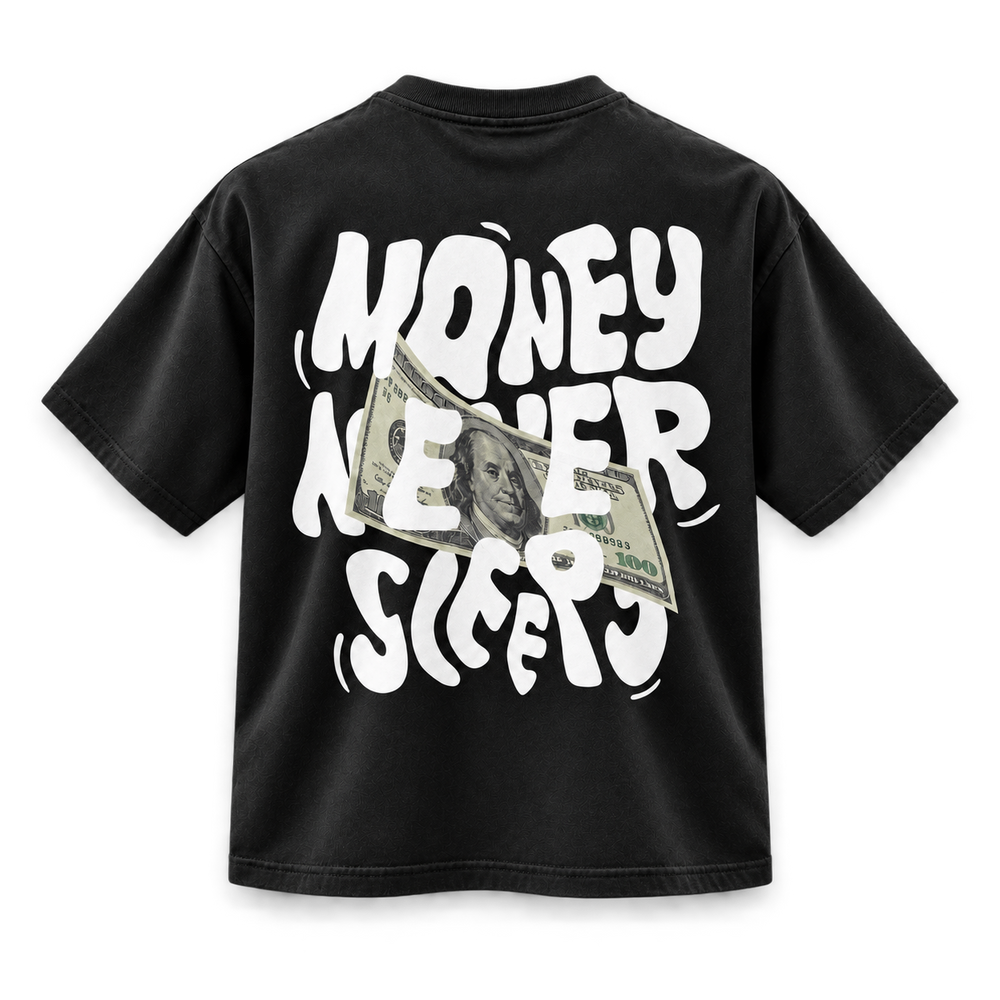 Black Money Never Sleeps Graphic Tee back view on transparent background