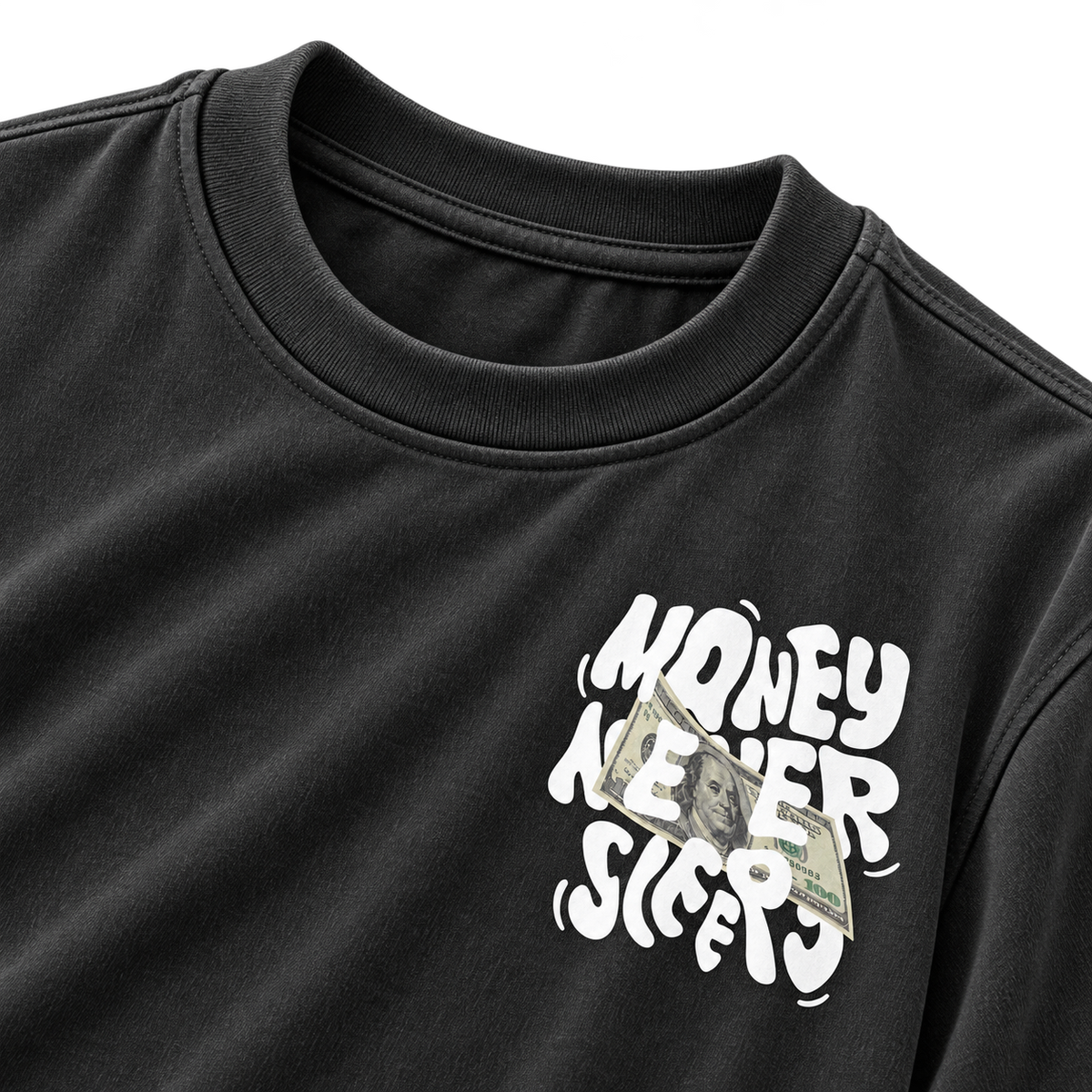 Black Money Never Sleeps Graphic Tee front graphic and collar detail