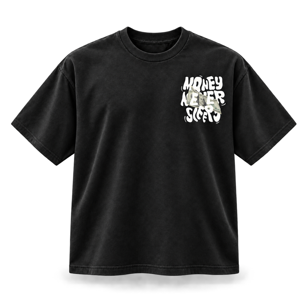 Black Money Never Sleeps Graphic Tee front view on transparent background