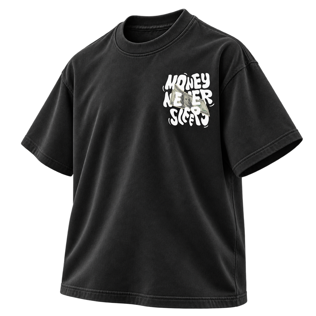 Black Money Never Sleeps Graphic Tee three-quarter front view on transparent background