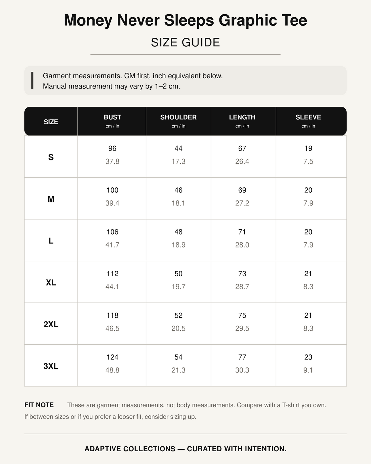 Money Never Sleeps Graphic Tee size guide with garment measurements in centimeters and inches
