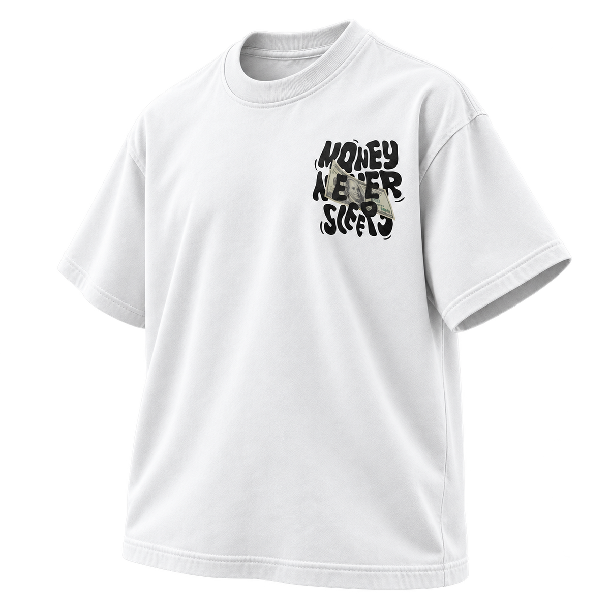 White Money Never Sleeps Graphic Tee angled front view