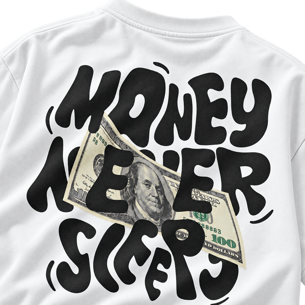 White Money Never Sleeps Graphic Tee back graphic detail