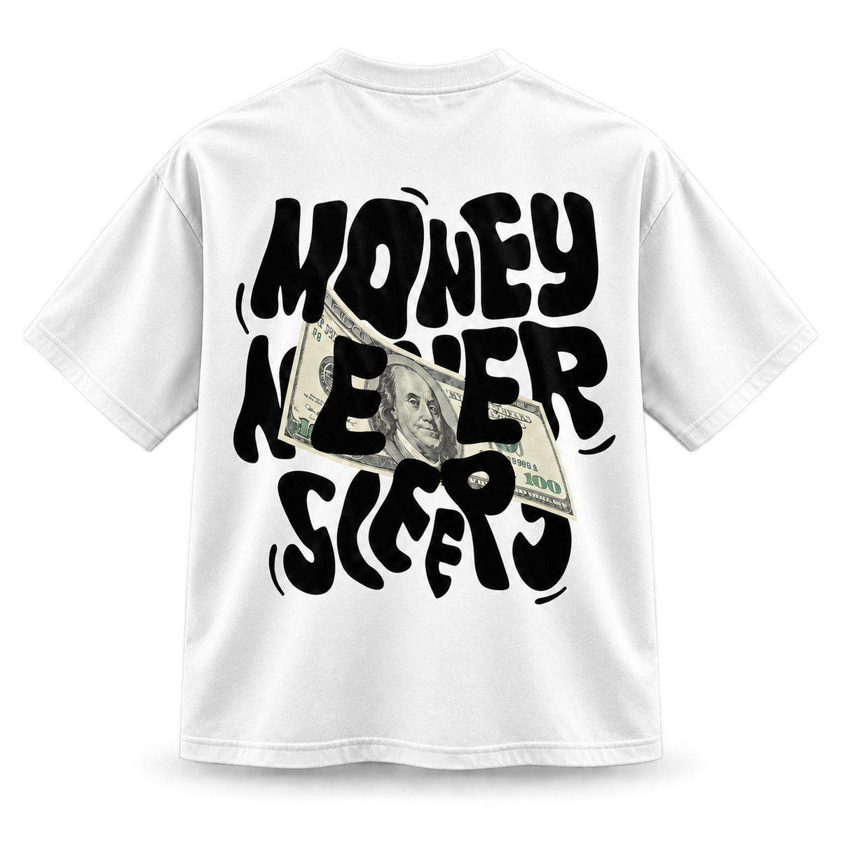 White Money Never Sleeps Graphic Tee back view with dimensional folds on transparent background