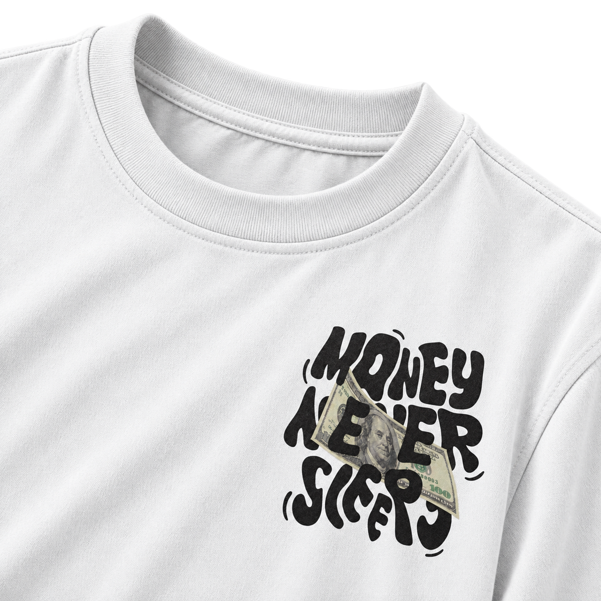 White Money Never Sleeps Graphic Tee front graphic and collar detail