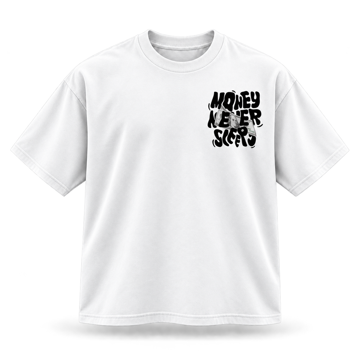 White Money Never Sleeps Graphic Tee front view with dimensional folds on transparent background