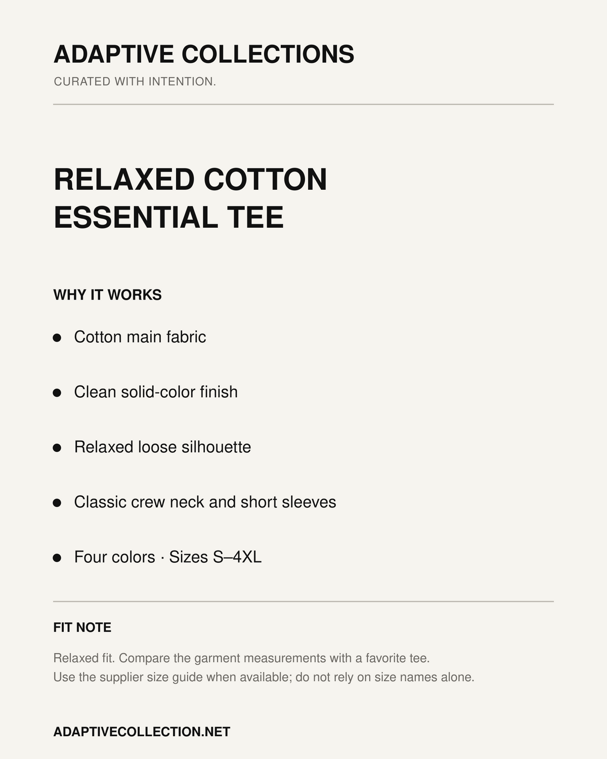 Adaptive Collections Relaxed Cotton Essential Tee details and fit guide