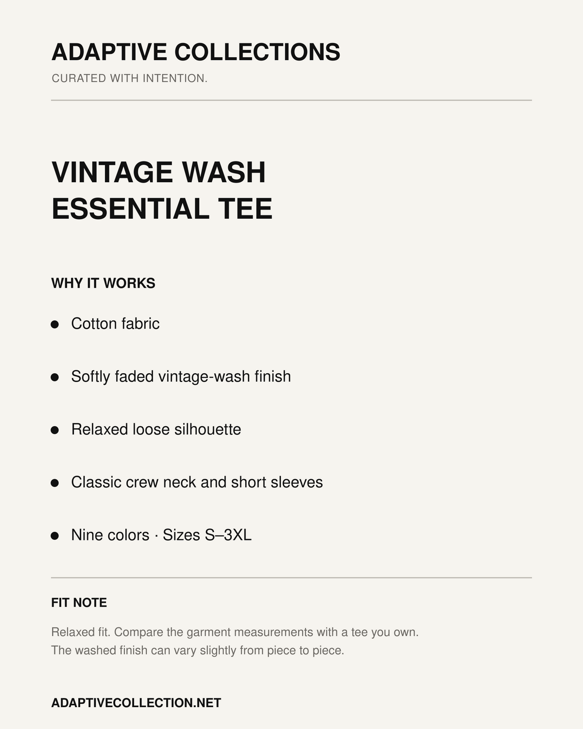 Adaptive Collections Vintage Wash Essential Tee details and fit guide