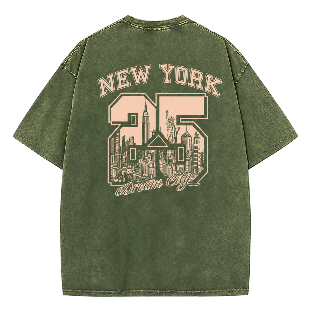 Vintage Wash New York 25 Tee in army green, New York graphic back view