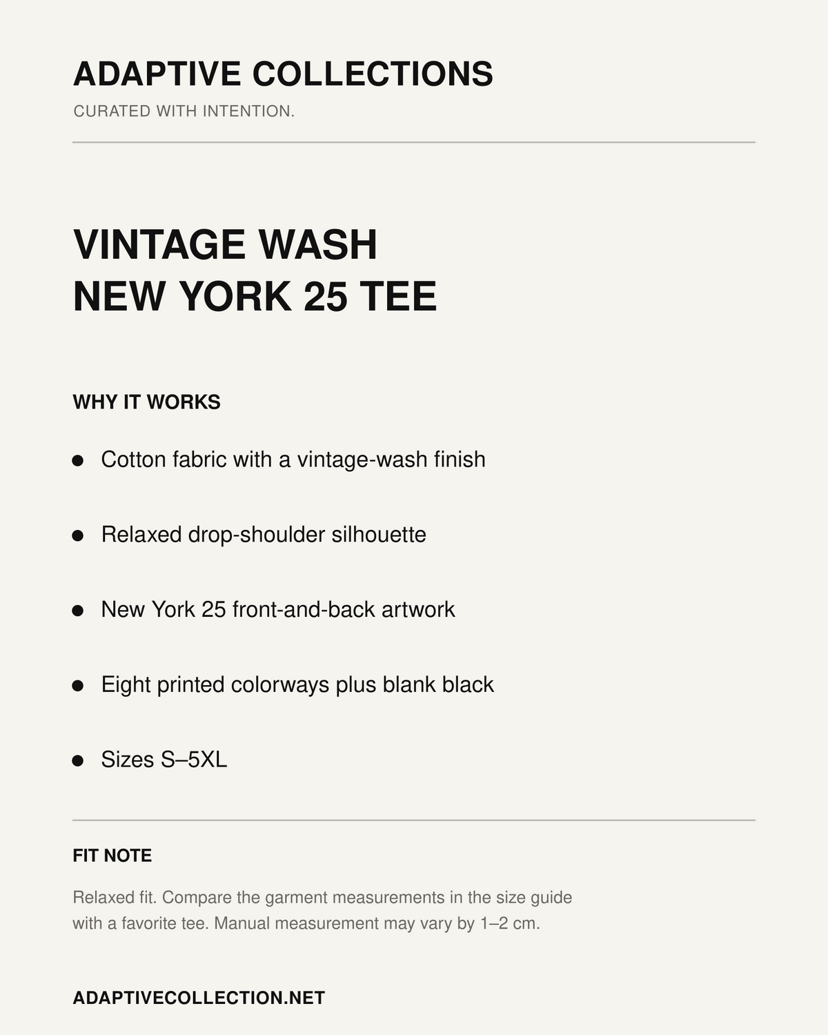 Adaptive Collections Vintage Wash New York 25 Tee details and fit guide