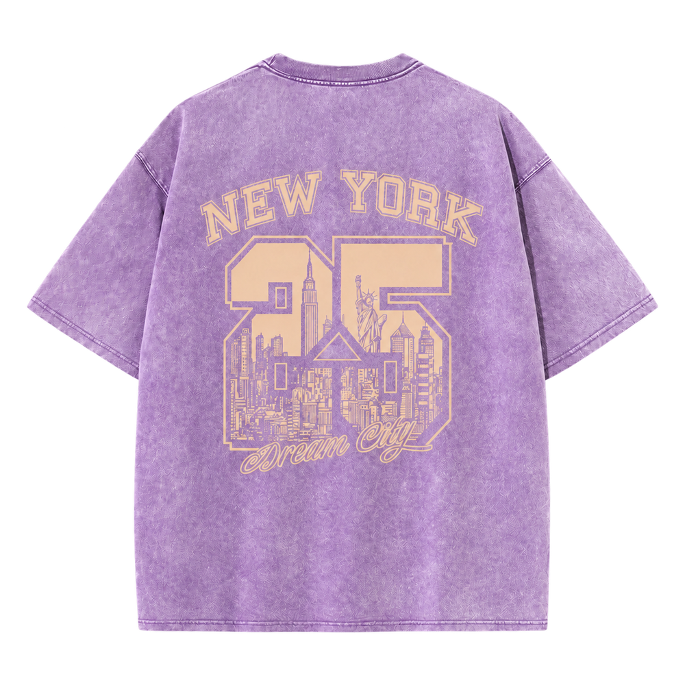 Vintage Wash New York 25 Tee in lavender, New York graphic back view