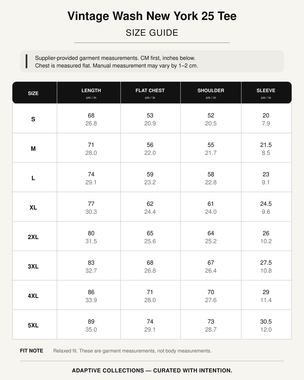 Vintage Wash New York 25 Tee size guide with garment measurements in centimeters and inches