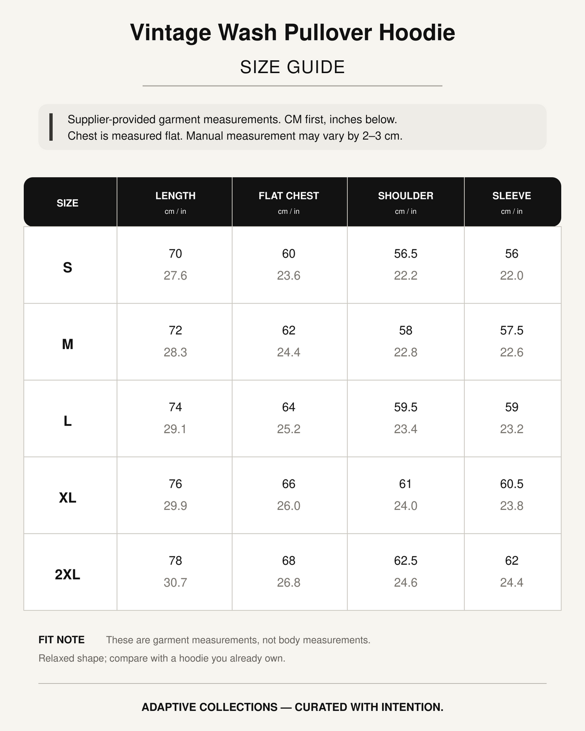 Vintage Wash Pullover Hoodie size guide with garment measurements in centimeters and inches