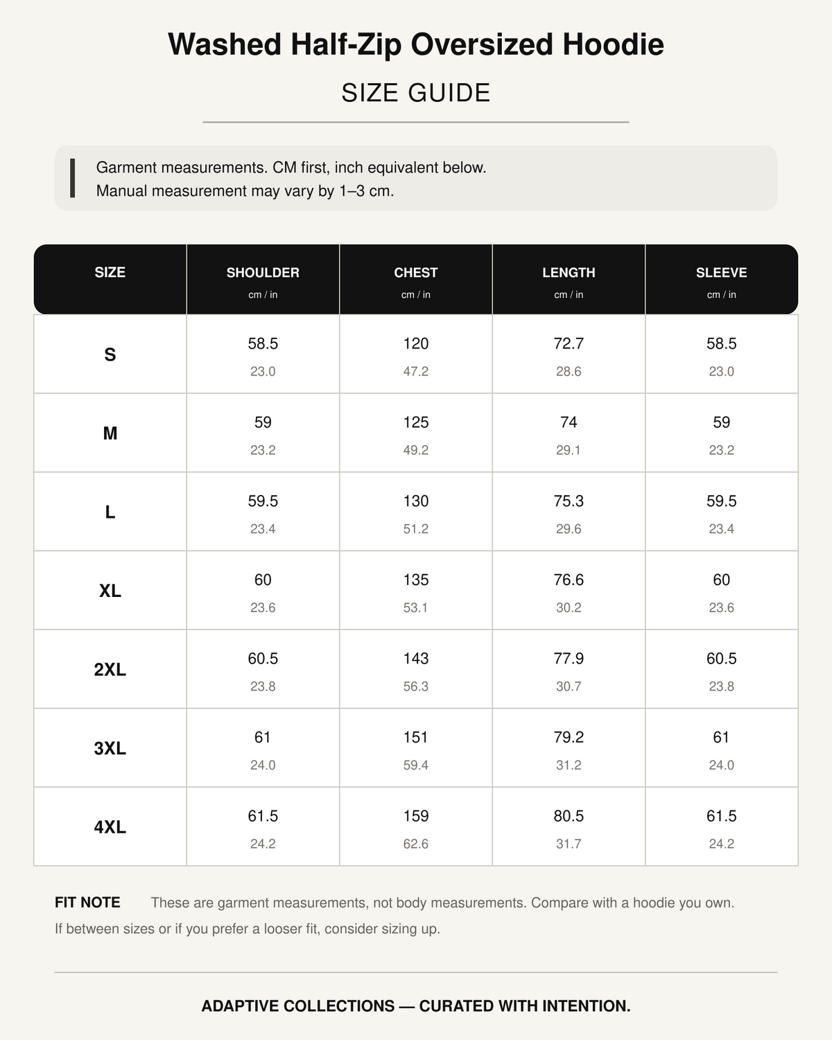 Washed Half-Zip Oversized Hoodie size guide